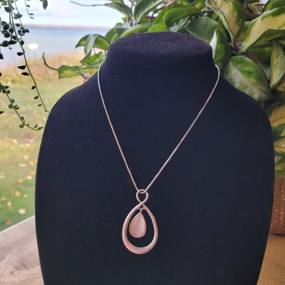 Charming Silver Tone Teardrop Pendant Necklace with Pinkish Stone Accent 14 inch